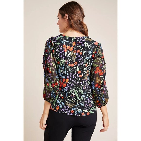 ANTHROPOLOGIE Maeve Jacquin Peasant Blouse Black Floral Ruffle Sleeve Blouse L - Picture 10 of 11